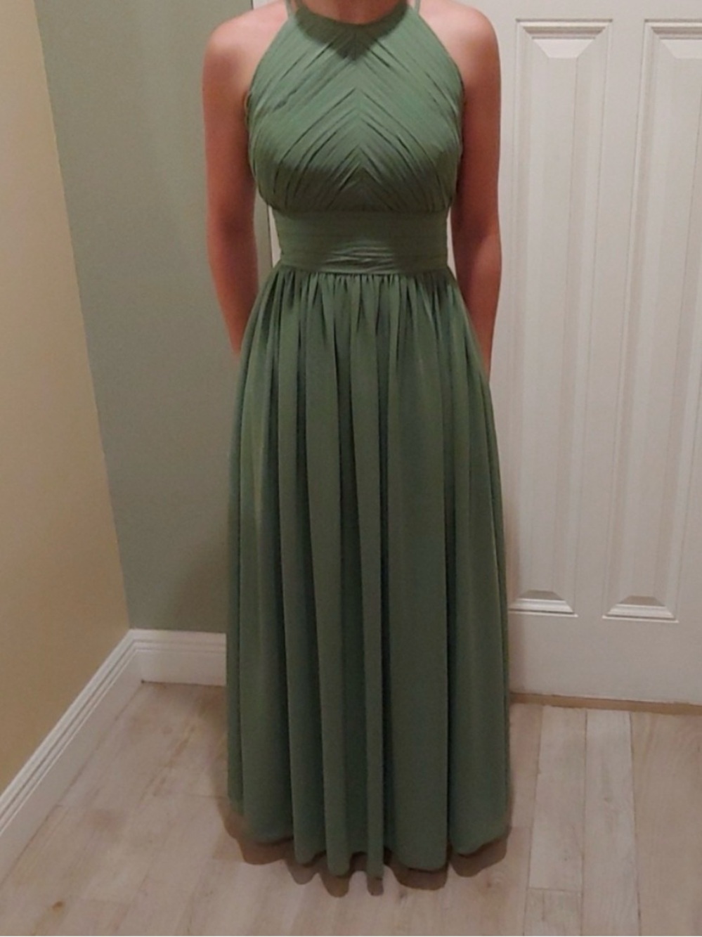 Bill Levkoff Olive Halter Chiffon Maxi Dress